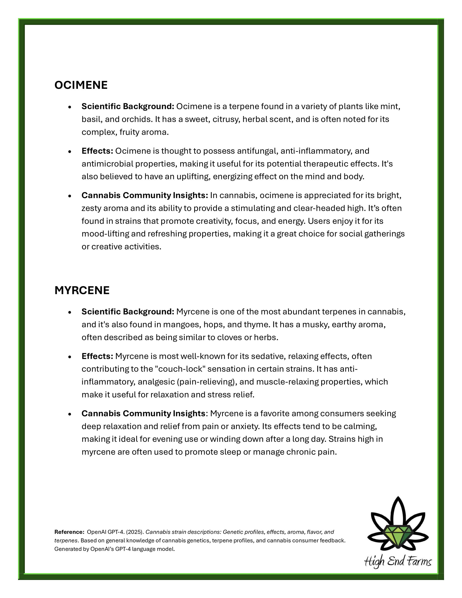 White document with green border listing guidelines for hygiene and edibles with a cannabis logo.
