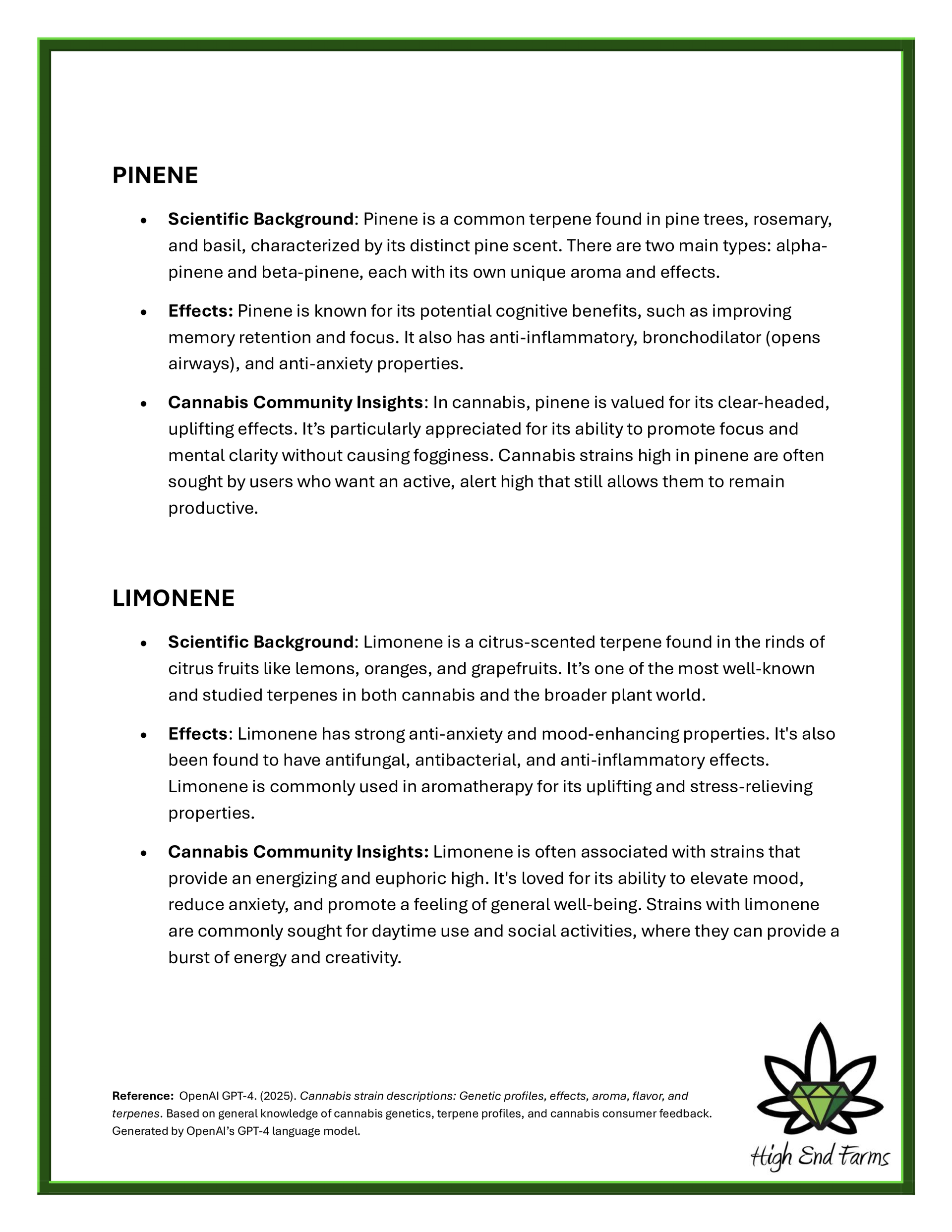 Text on terpenes: Pinene, with bullet points. Limonene, with bullet points. Green border, cannabis leaf logo.