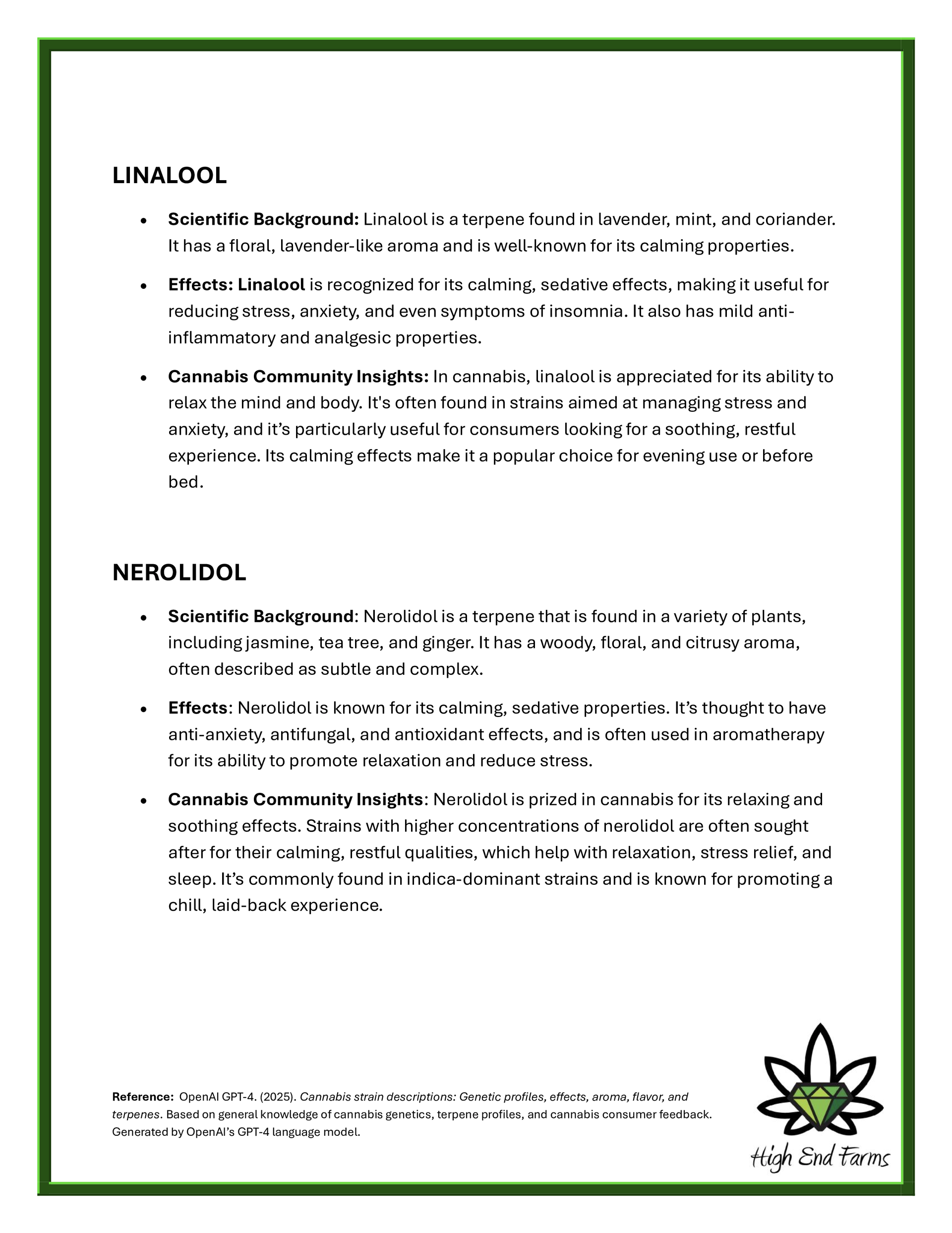 Text document with legal information, green border, and cannabis leaf logo.