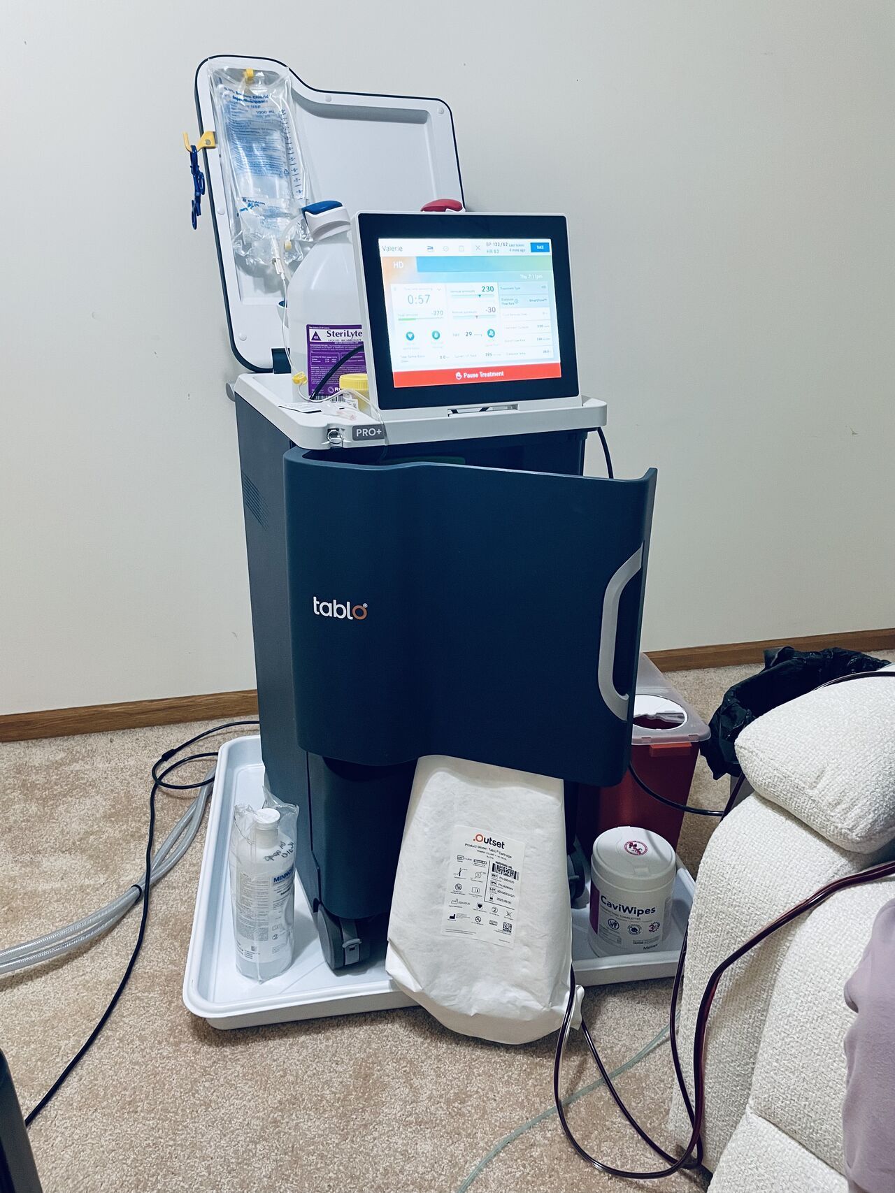A dialyzer being used for an at-home hemodialysis treatment provided by vitality dialysis