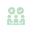 A group of people are sitting at a table with speech bubbles.