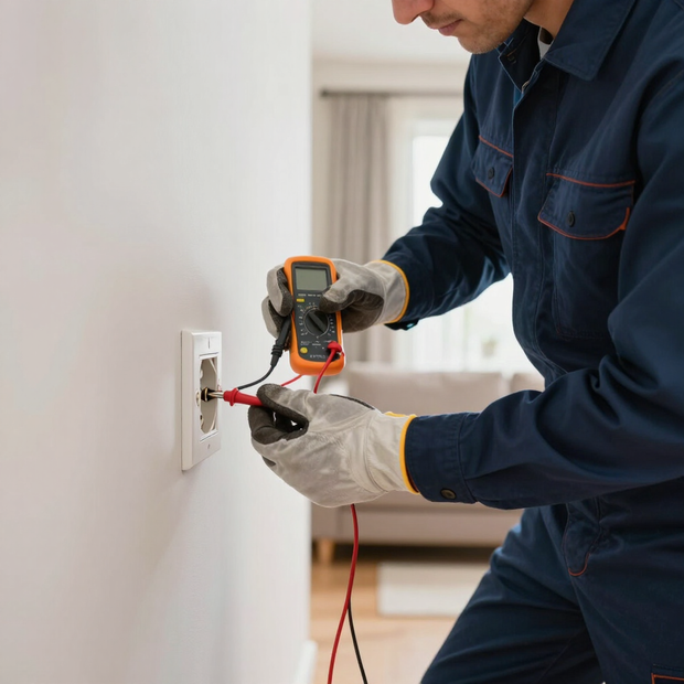 Electrician testing a wall outlet with a multimeter in a bright room