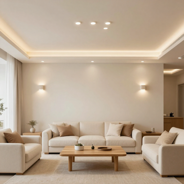 Bright modern living room with beige sofas, wooden coffee table, and soft recessed lighting