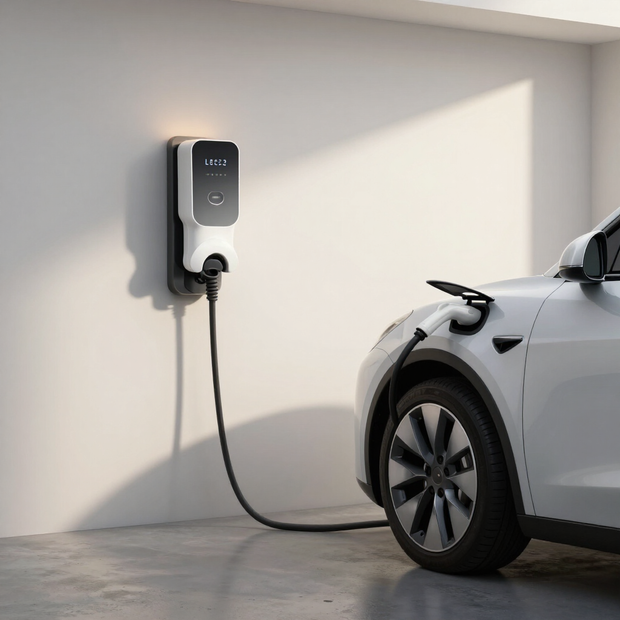 Electric vehicle charging at a wall-mounted charger in a garage, with a white car parked beside it