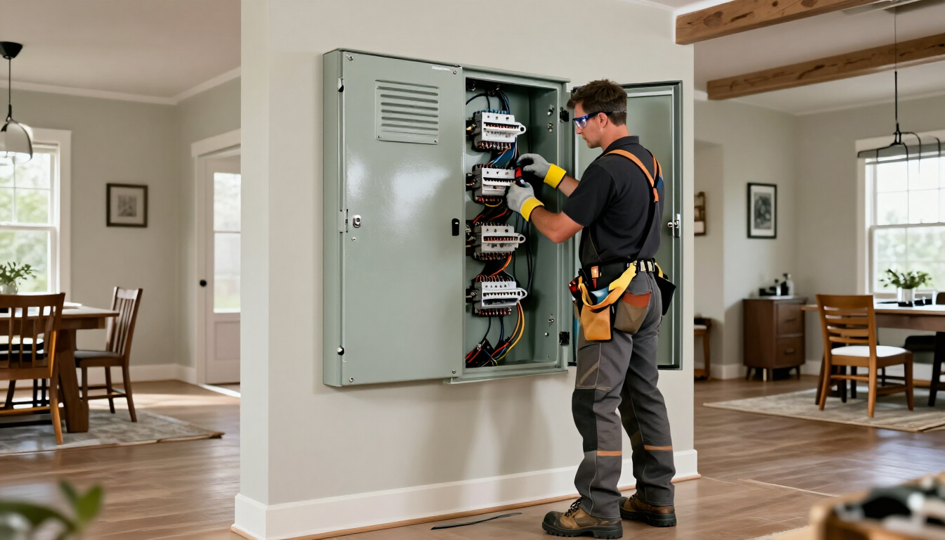 Electrician inspecting an open breaker panel in a bright living room