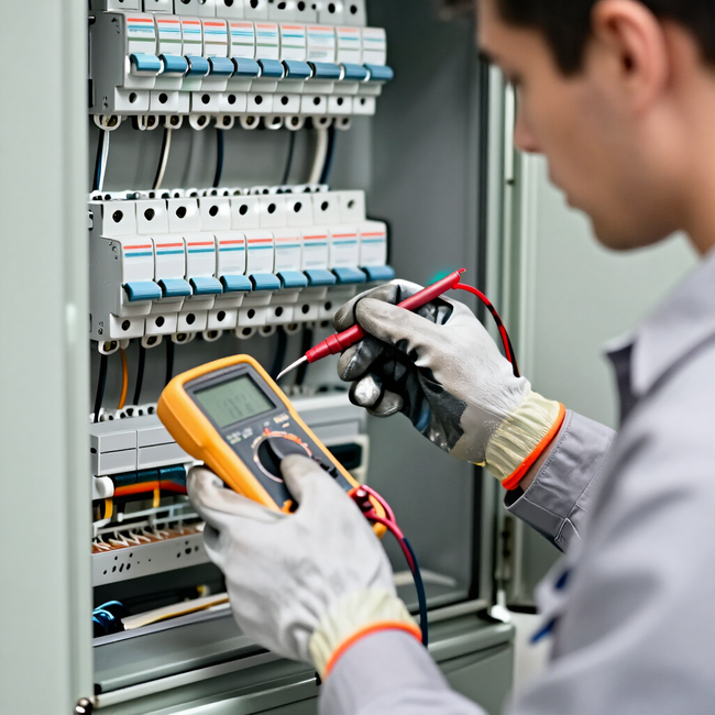 Technician testing electrical control panel with multimeter and probes, wearing gloves.