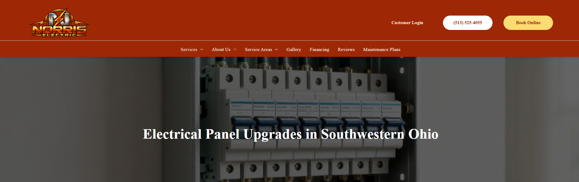 Website banner for electrical panel upgrades in South Western Ohio with a red header and circuit breakers background