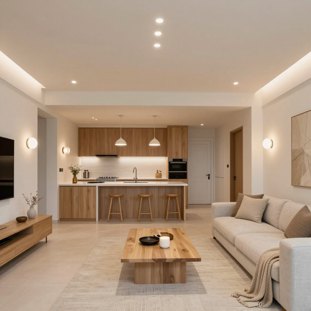 Modern beige living room with open kitchen, wood accents, sofa, coffee table, and warm recessed lighting