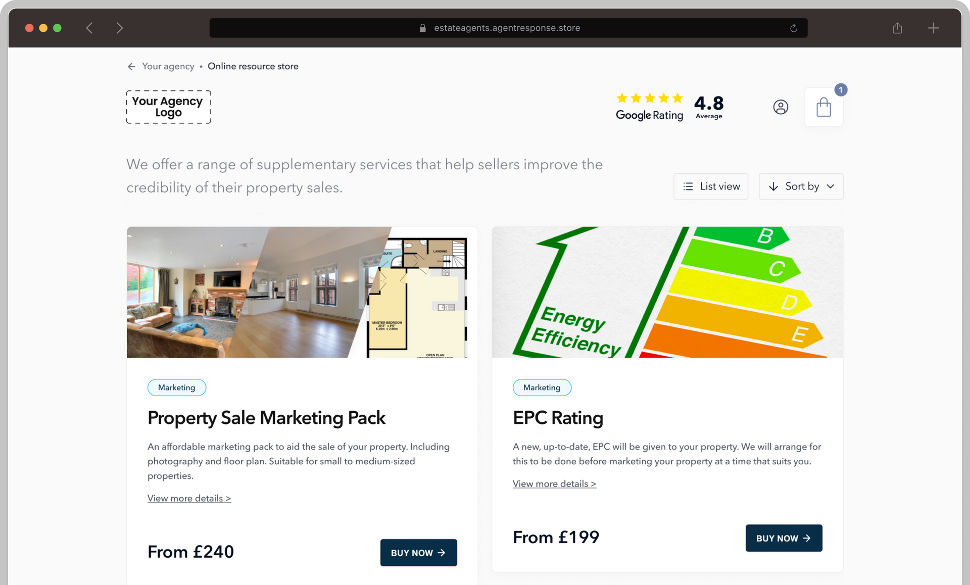 Webpage showing property marketing services, with two highlighted options: Property Sale Marketing Pack and EPC Rating.