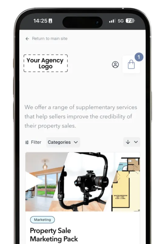 Mobile screen showing a real estate marketing service with agency logo, services text, and marketing pack option.