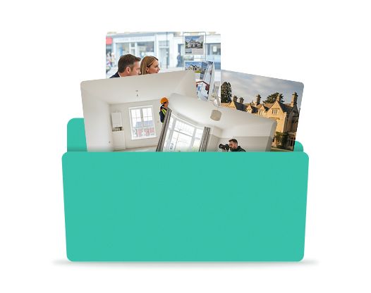 Teal folder holding multiple photos: people, building interiors, and exteriors.