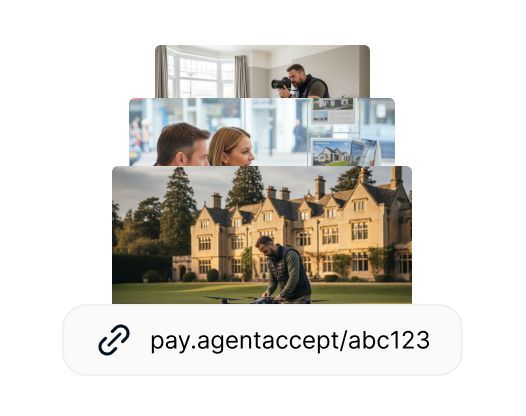 AgentAccept payment link overlayed over photos. Includes a home interior, a couple looking at property, and a man on a lawn.