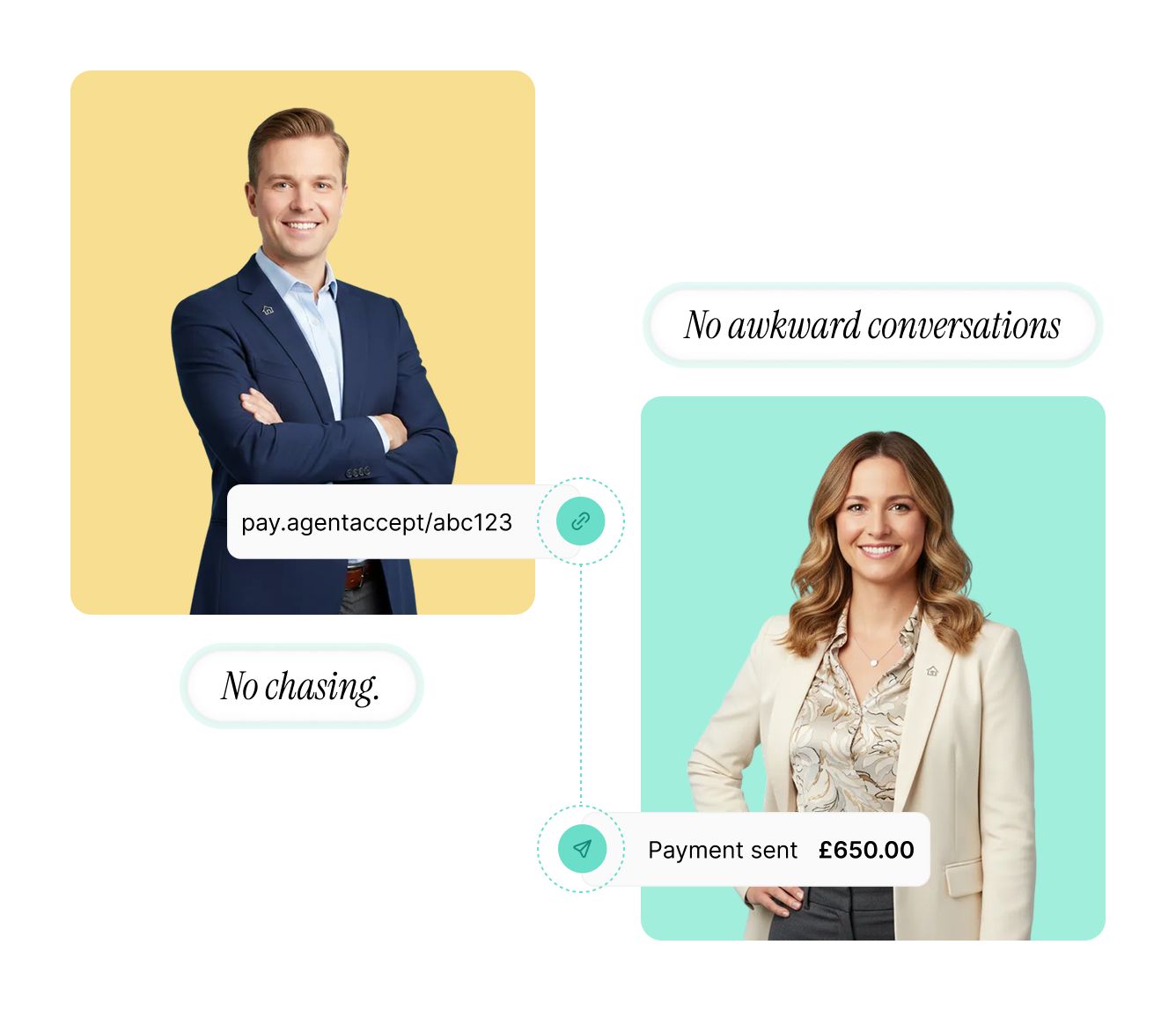 Two people in illustrated chat bubbles; man and woman, communicating about payment, no chasing or awkward conversations.