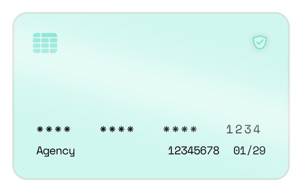 Light blue credit card with a chip, security shield, masked card number, agency name, account number, and expiration date.