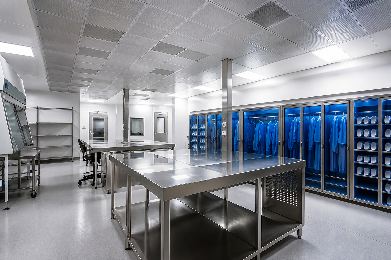 Empty NYC cleanroom laboratory with stainless steel benches, gowning airlock, and sample testing equ