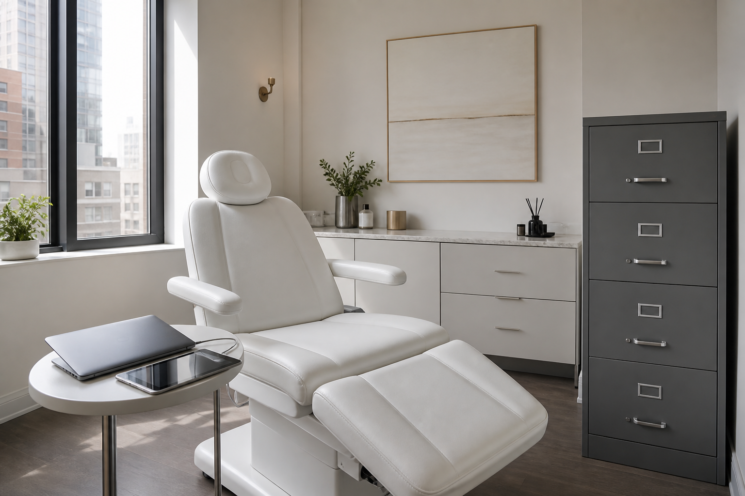 Treatment room in a New York City medical spa with laptop, tablet, and locked filing cabinet holding patient records