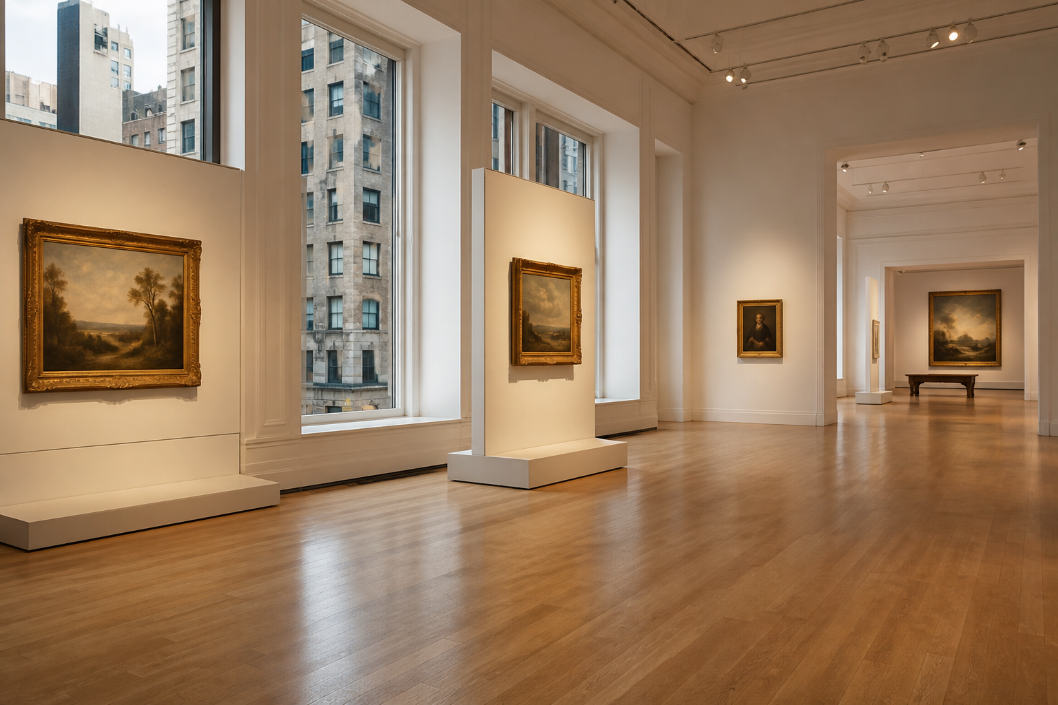 Empty gallery corridor in a New York City museum with polished floors and natural light, illustratin