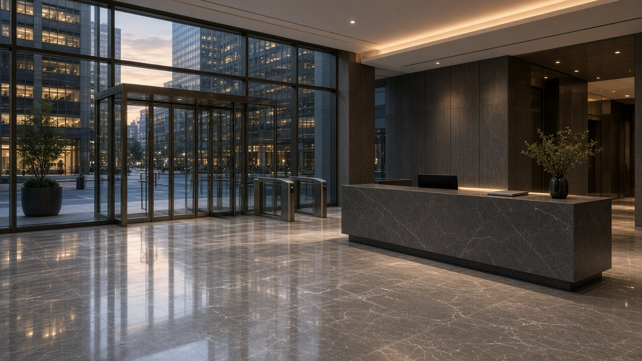 Lower Manhattan office towers and a quiet building entrance at dusk, representing NYC security guard