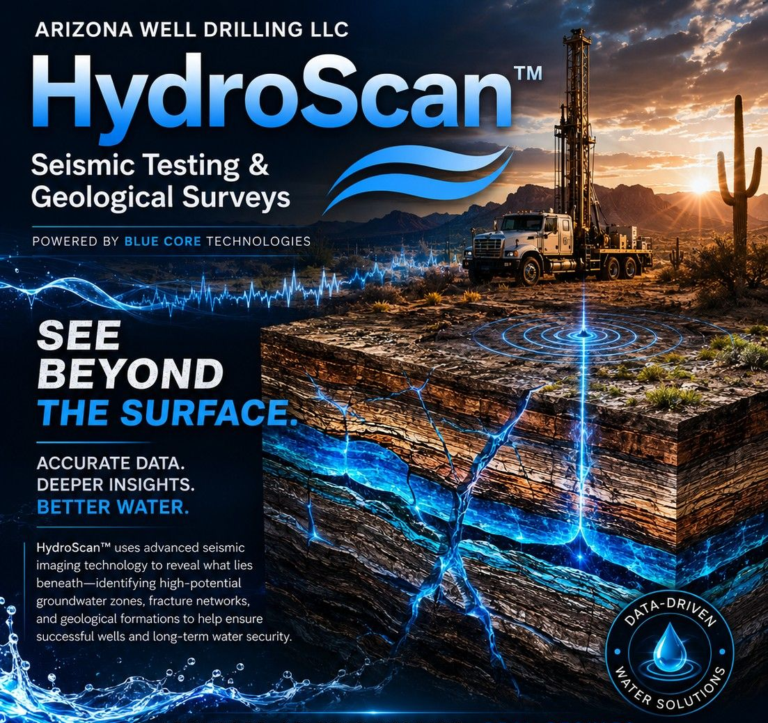 HydroScan ad for seismic geological surveys over a desert well site at sunset, with glowing subsurface layers