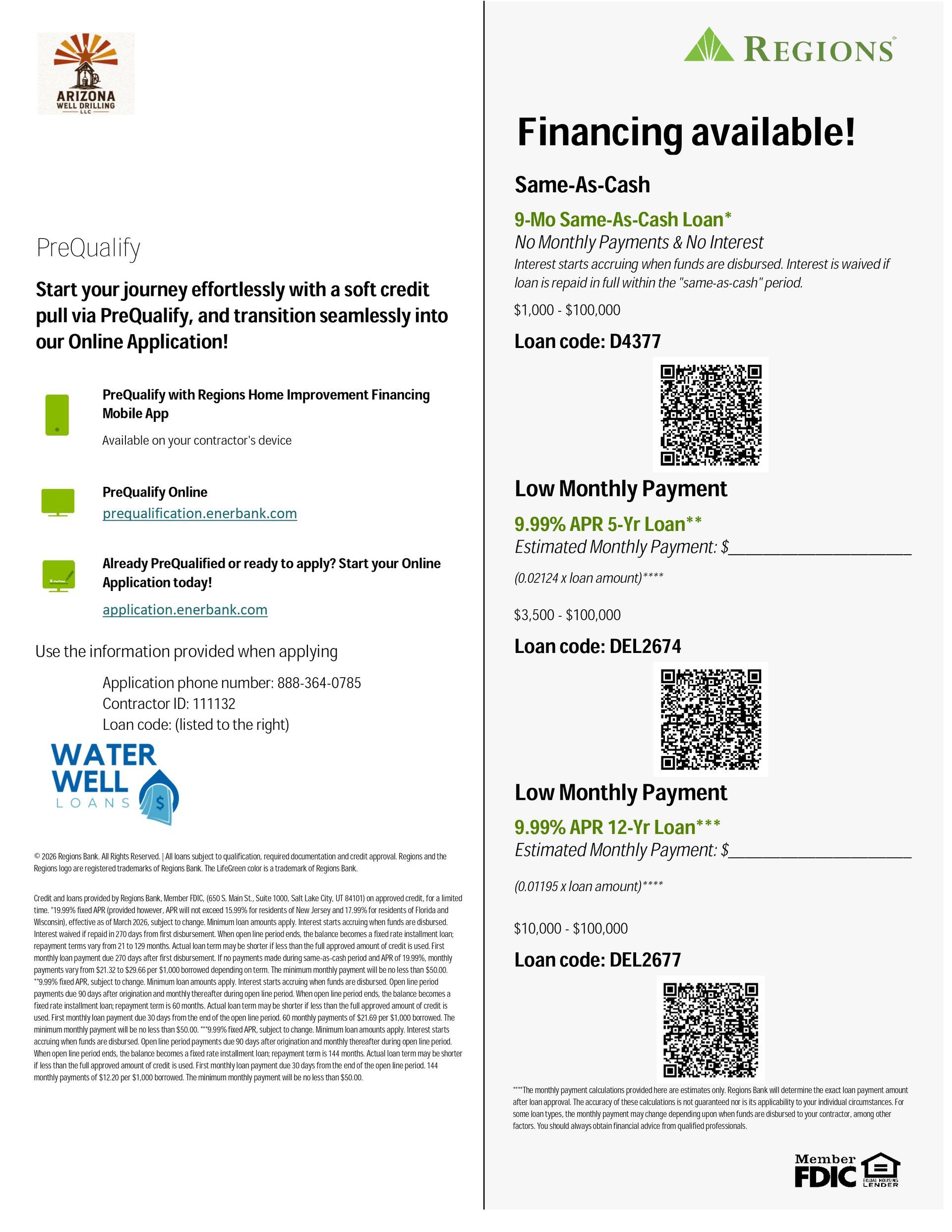 A flyer from Regions Bank detailing financing options, QR codes for loan applications.