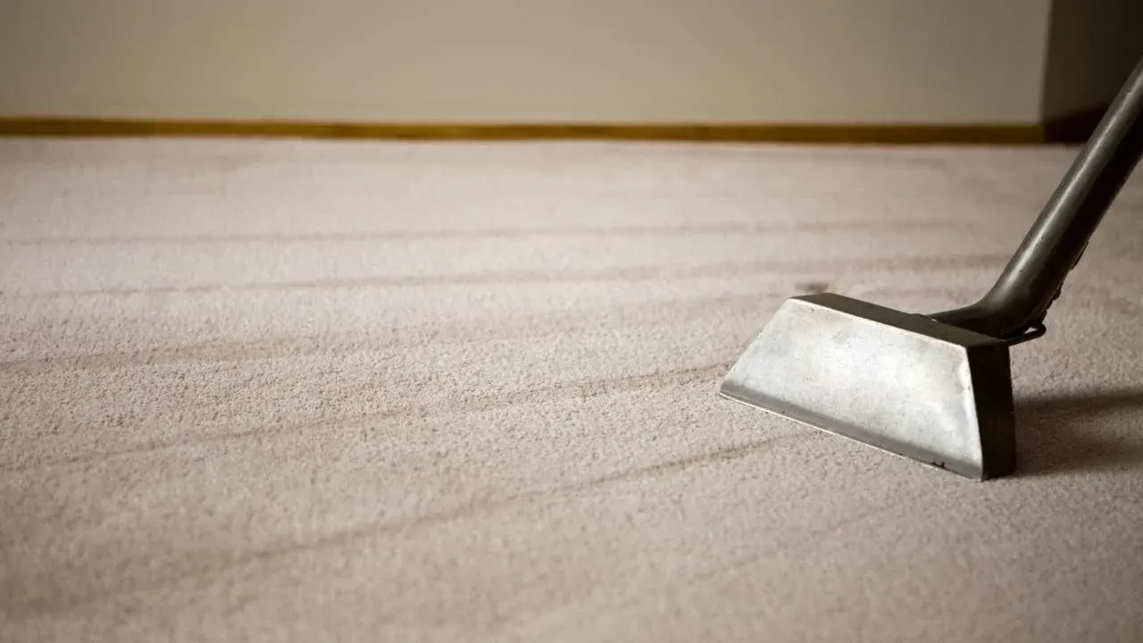 A vacuum cleaner attachment cleaning light-colored carpet, showing distinct lines where it has passed.