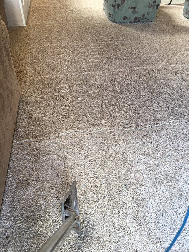 A metal carpet cleaning wand is positioned on a light beige patterned carpet that is being cleaned in horizontal rows.