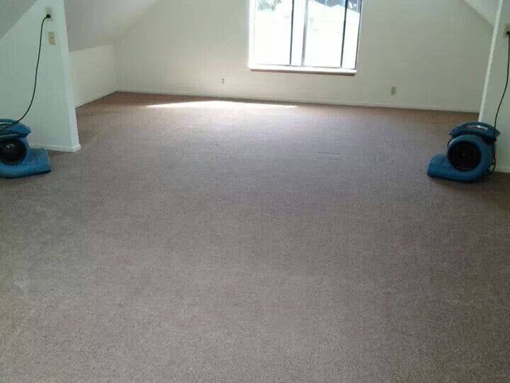 An empty room with beige carpet and sloped white walls featuring two blue floor dryers positioned on opposite sides.