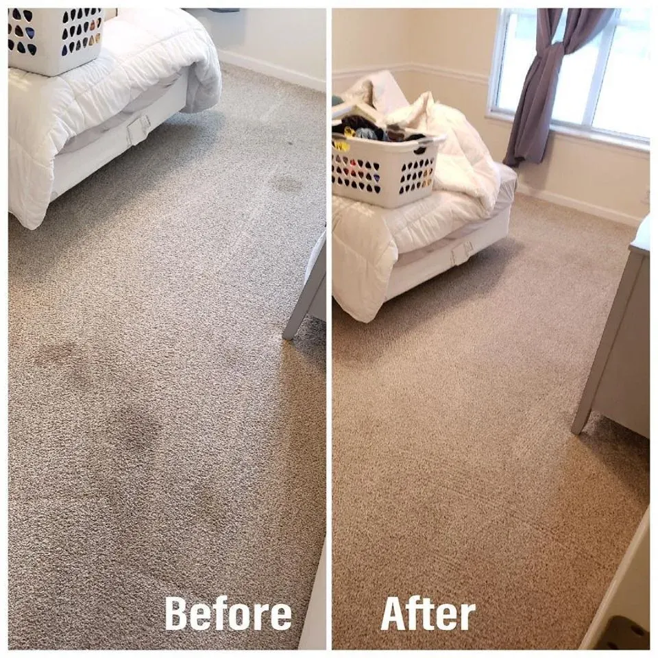 A split-screen comparison of a carpeted bedroom before and after professional cleaning, showing the removal of dark stains.
