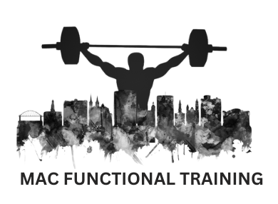 A man is lifting a barbell in front of a city skyline.