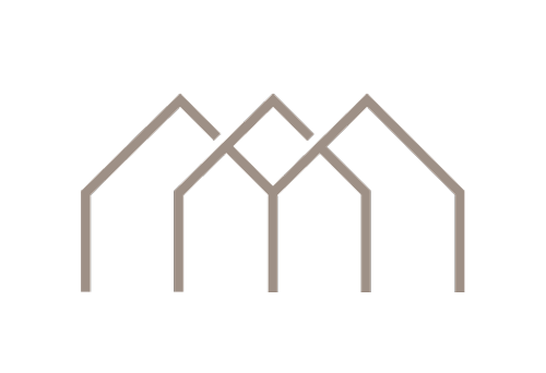 Abstract tan line art of three overlapping house roof outlines on a white background