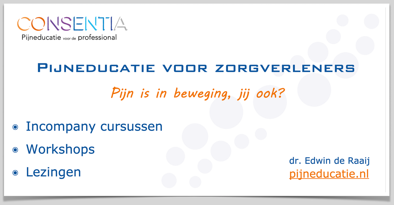 Dutch training slide: “Pijneducatie voor zorgverleners” with bullet points and CONSENTA logo on a white background