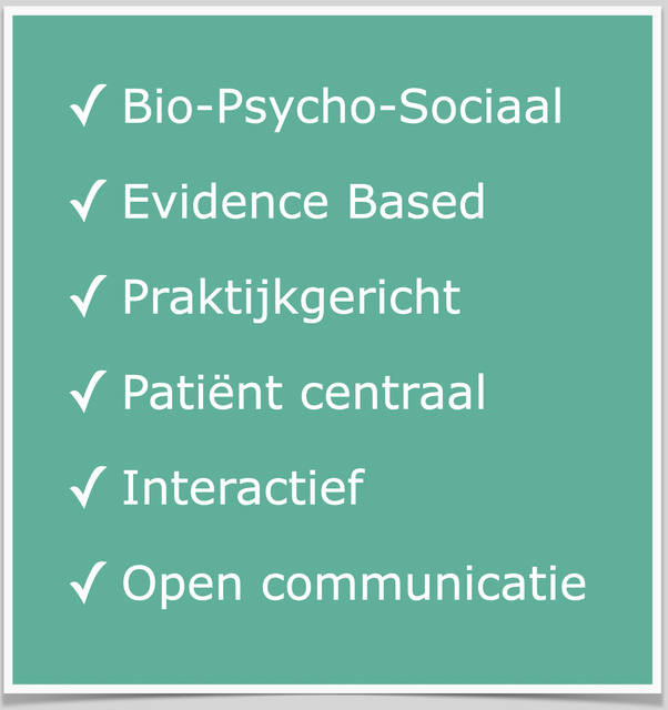 White checkmarks on teal board listing Bio-Psycho-Sociaal, Evidence Based, Praktijkgericht, Patiënt centraal, Interactief, Open communicatie