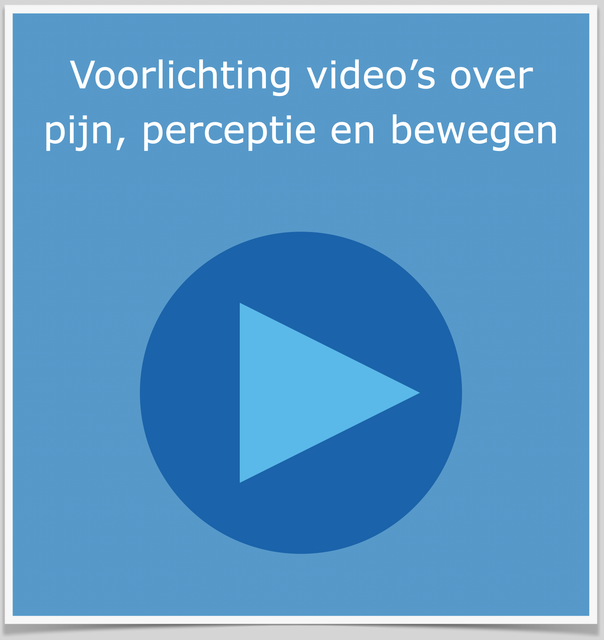 Blauw videotegeleltje met play-icoon en tekst over pijn, perceptie en bewegen