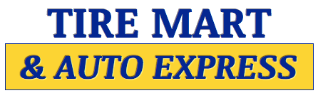 The logo for tire mart and auto express is yellow and blue.