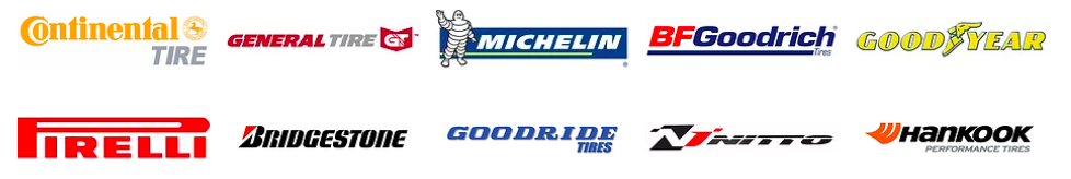 A row of tires including continental michelin goodrich and pirelli