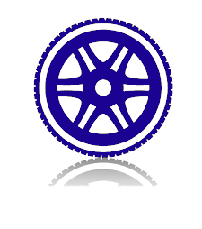 A blue and white icon of a tire on a white background.