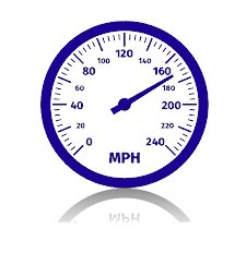 A blue and white speedometer with the word mph on it
