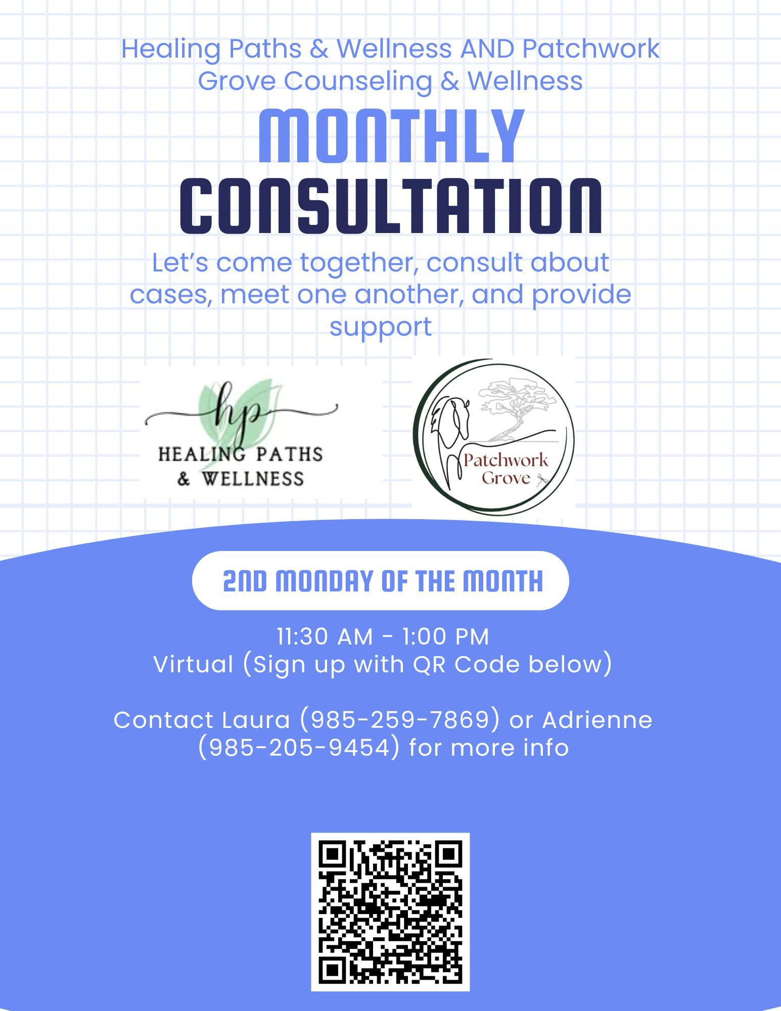 Blue flyer for a monthly consultation event with healing, wellness, contact details, and a QR code at the bottom.