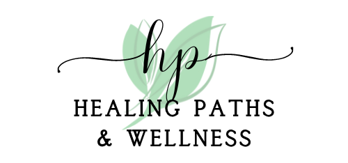Logo with "hp" in script over a green leaf design; text below says "HEALING PATHS & WELLNESS."