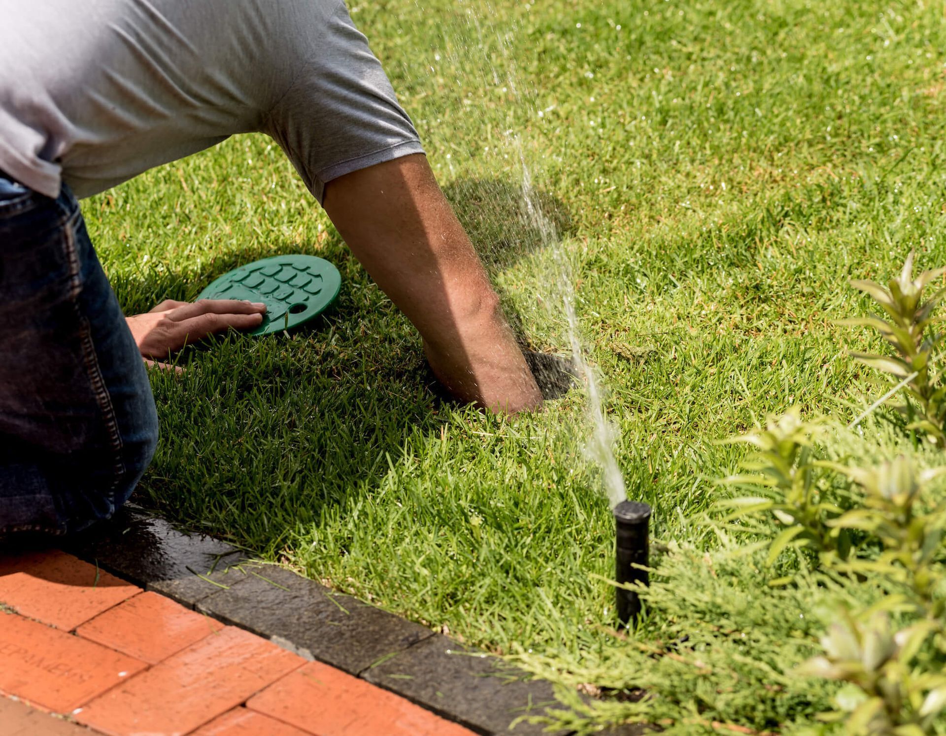 Person adjusting a lawn sprinkler in a grassy yard, near a brick border.