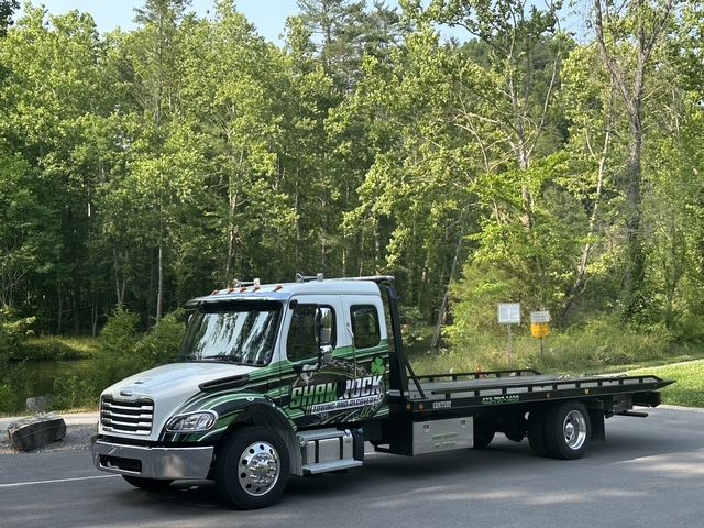 Tow truck parked on a road beside a wooded area, with a flatbed trailer and green company lettering