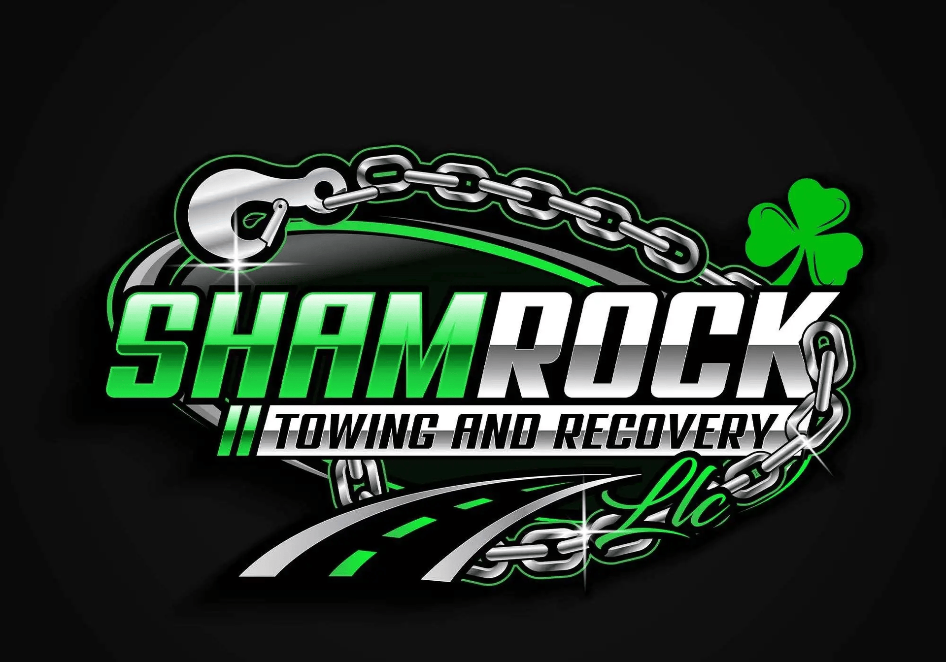 Shamrock Towing and Recovery logo with silver chains, green clover, and black-and-green lettering