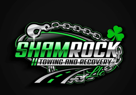 Shamrock Towing and Recovery logo with silver chains, green clover, and black-and-green lettering
