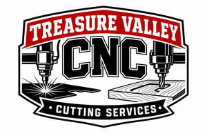 Treasure Valley CNC Cutting Services logo with red banner, black CNC machines, and sparks over a metal sheet