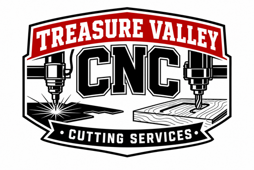 Treasure Valley CNC Cutting Services logo with red banner, black CNC machines, and sparks over a metal sheet