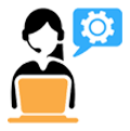 Woman with headset, working on laptop, speech bubble with gear icon.