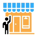 Man waves beside a shop with a blue awning.