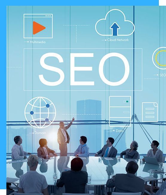 A business meeting focused on SEO strategy; a presenter gestures towards the word