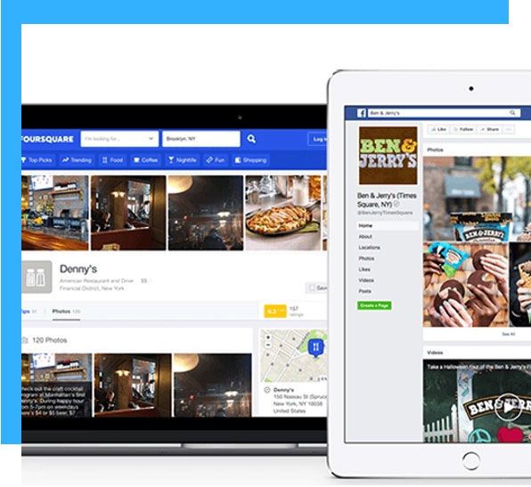 Laptop and tablet displaying Facebook pages for Denny's and Ben & Jerry's, respectively.