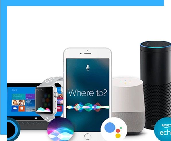 Smart devices: tablet, smartwatch, phone with Siri, Google Home, and Amazon Echo.